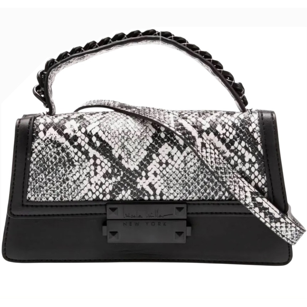 Nicole Miller New York Snakeskin Print Top Handle Crossbody‎ Bag Black White New